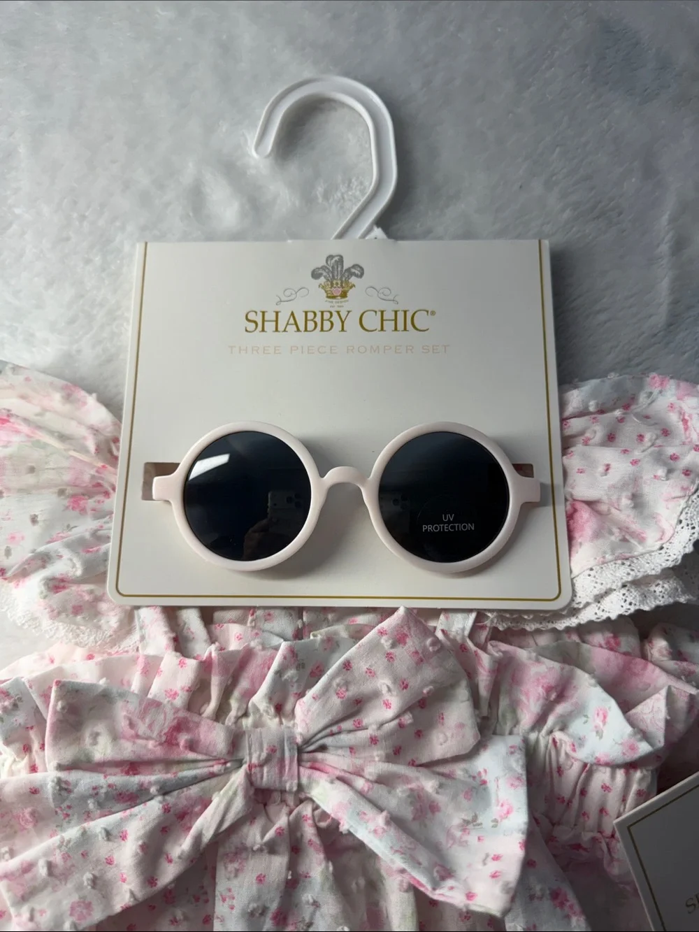 Shabby Chic Pink Floral Baby Romper with Pale Pink Round Sunglasses